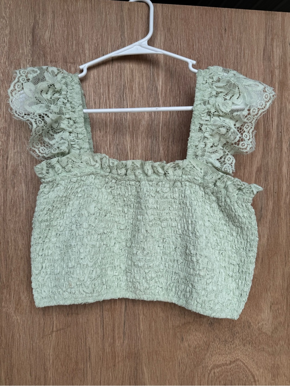 Altar'd State Mint Green Lace-Trim Smocked Crop Top